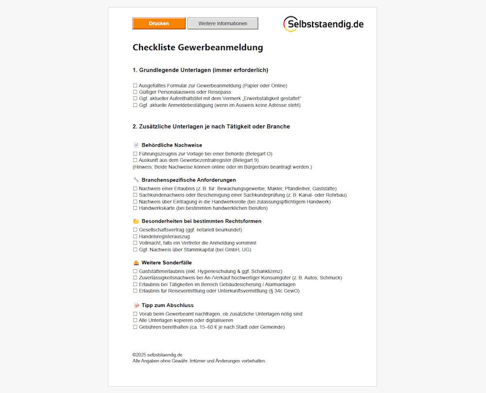 Checkliste Gewerbeanmeldung