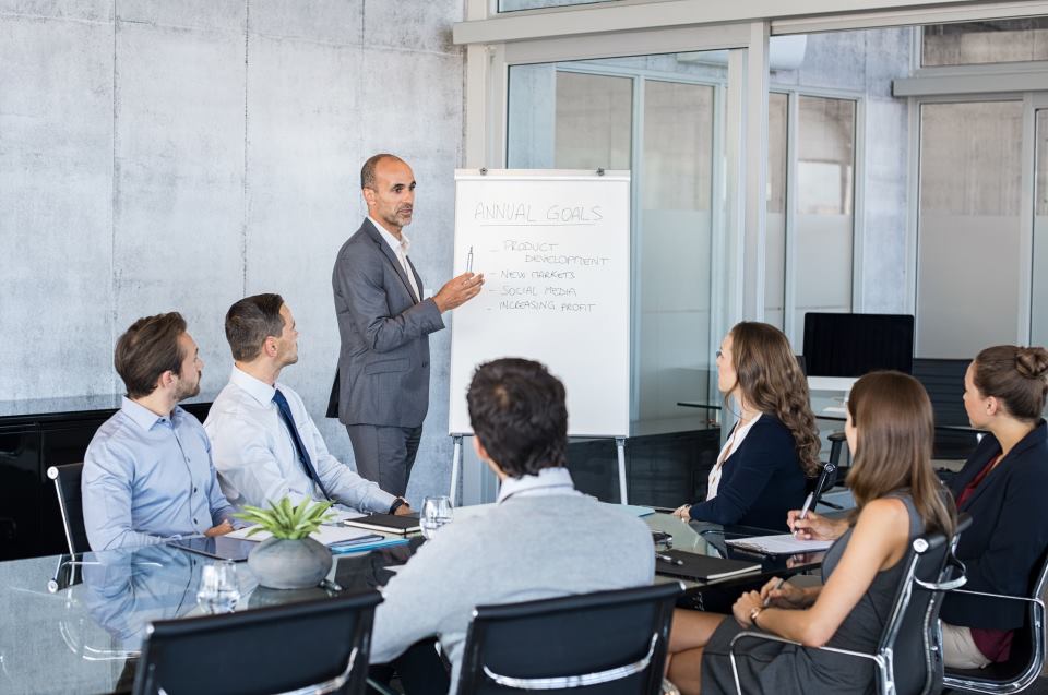 Externer Coach am Flipchart mit Präsentation