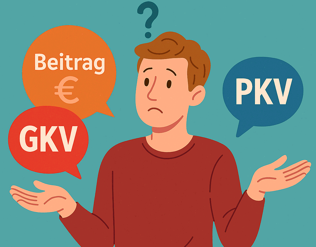 Selbstständiger vor zwei Wegweisern mit der Wahl zwischen gesetzlicher und privater Krankenversicherung