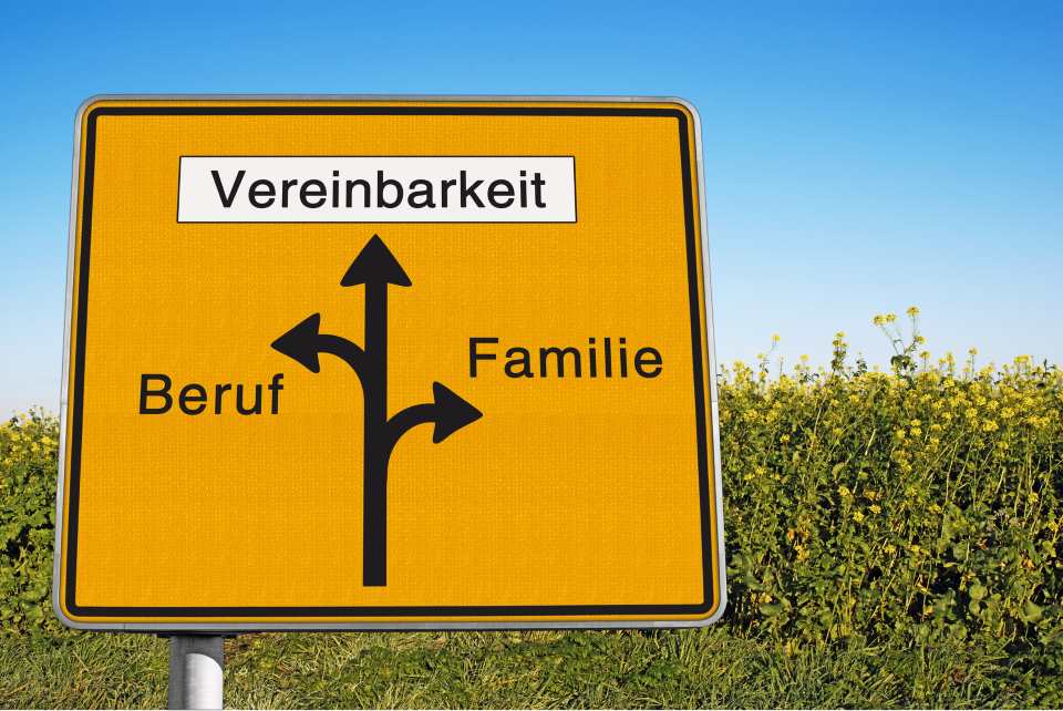 Schild mit Pfeilen Vereinbarkeit Beruf Familie